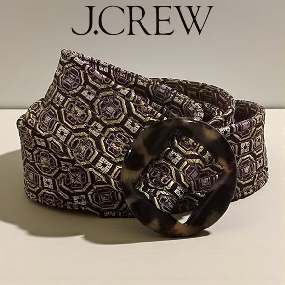 J.CREW Silk Patterned Fabric Belt with a Tortoise Shell O-ring Buckle 44.5" M/L - Picture 1 of 6